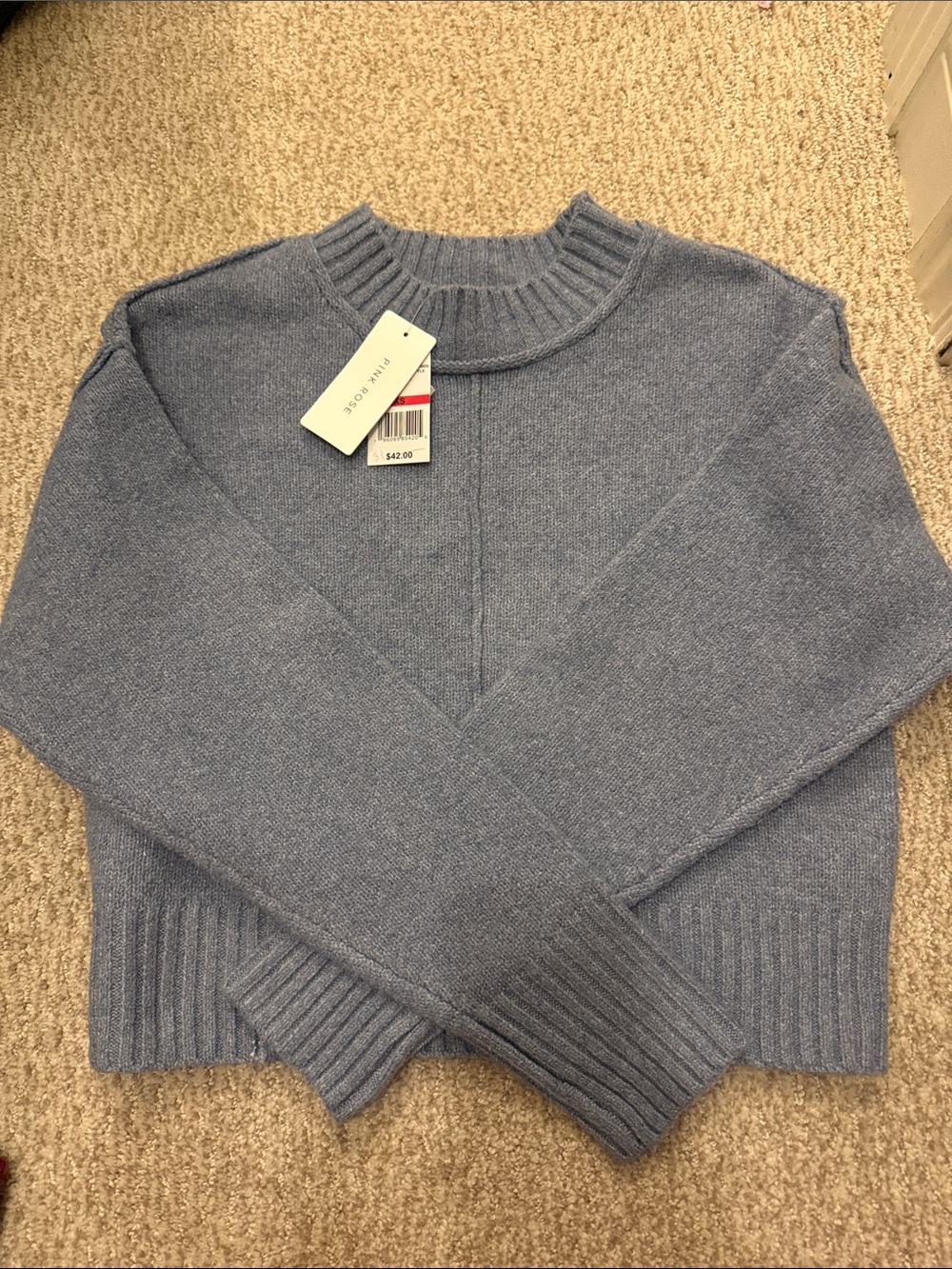 Pink Rose Light Blue Crewneck Sweater with V-Seam Detail